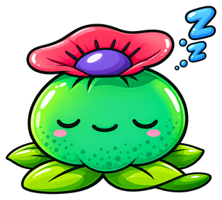 The Avalon Magic Plants mascot, a round green cactus with a pink flower, asleep